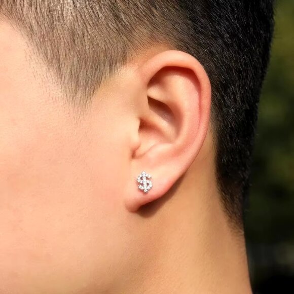 🆕 Dollar Sign Diamond Studded Earrings, 18K White Gold Hypoallergenic 🆕 - Picture 5 of 5